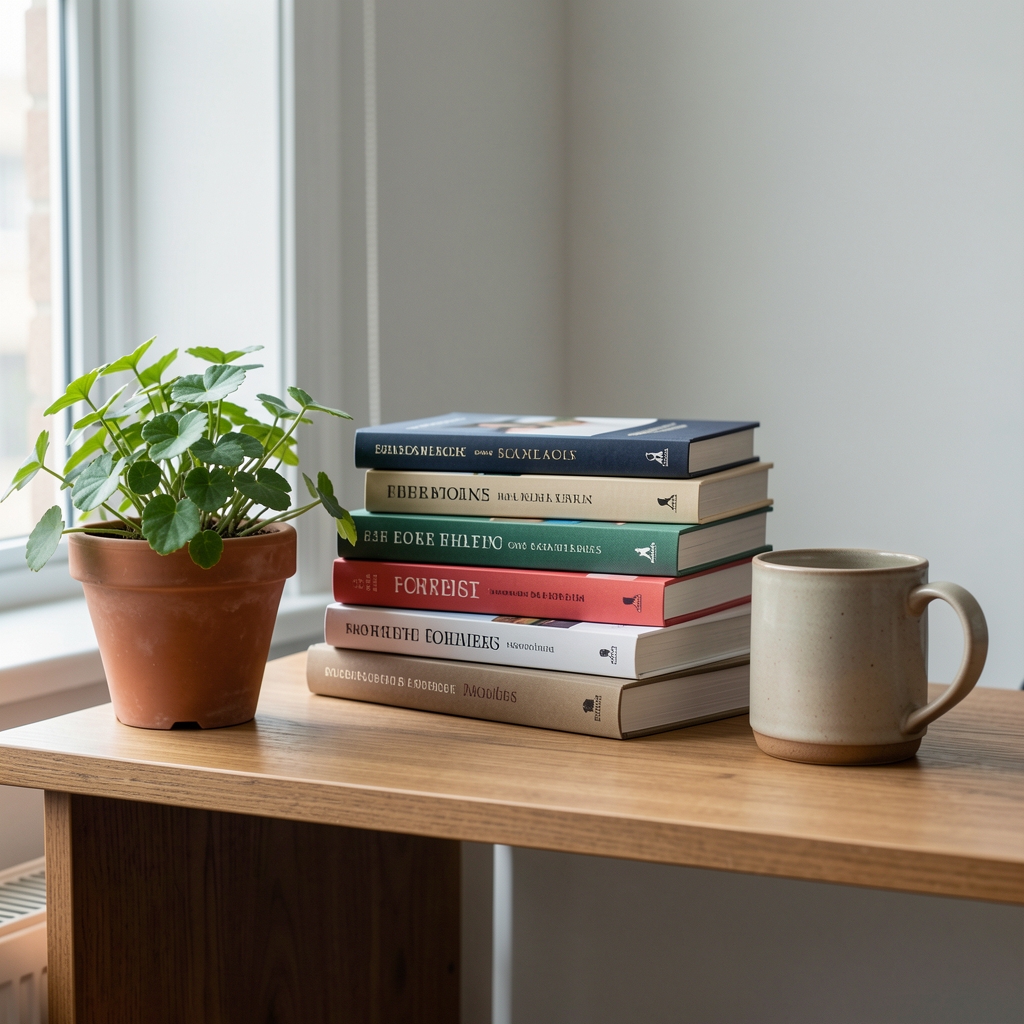 Stacked reference books on a wooden shelf beside a potted plant and a ceramic mug, editorial office atmosphere with natural light