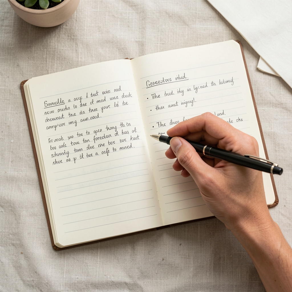 A hand holding a pen over an open notebook with handwritten annotations, viewed from above on a light linen surface