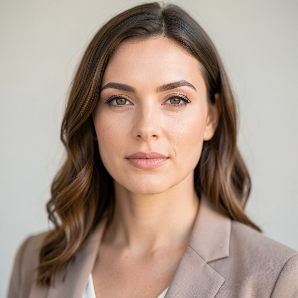 Portrait of a woman in a light editorial studio, natural daylight, neutral background, looking directly at the camera with a composed expression