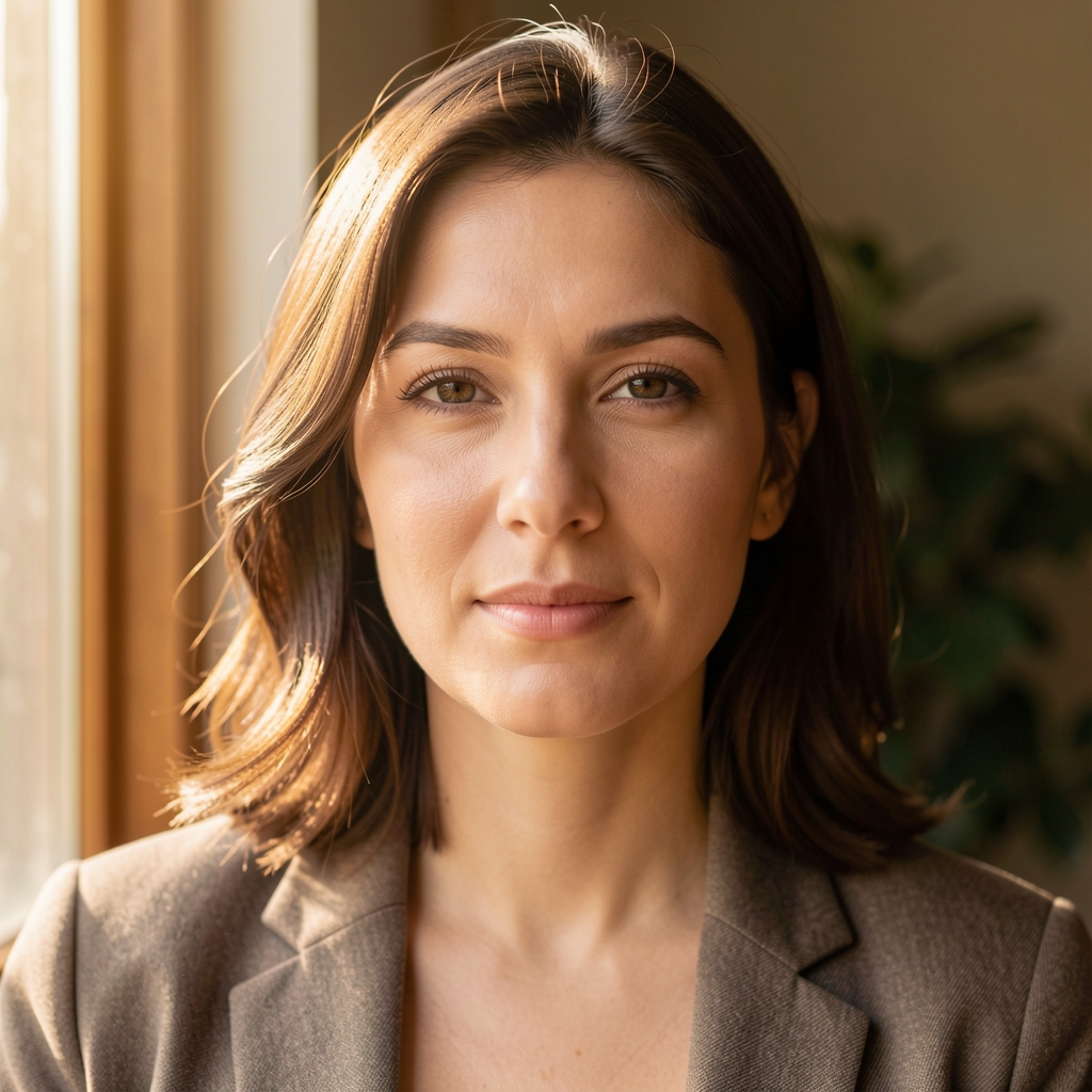 Portrait of a woman with natural light illuminating her face from a nearby window, warm tones, calm expression, minimal background