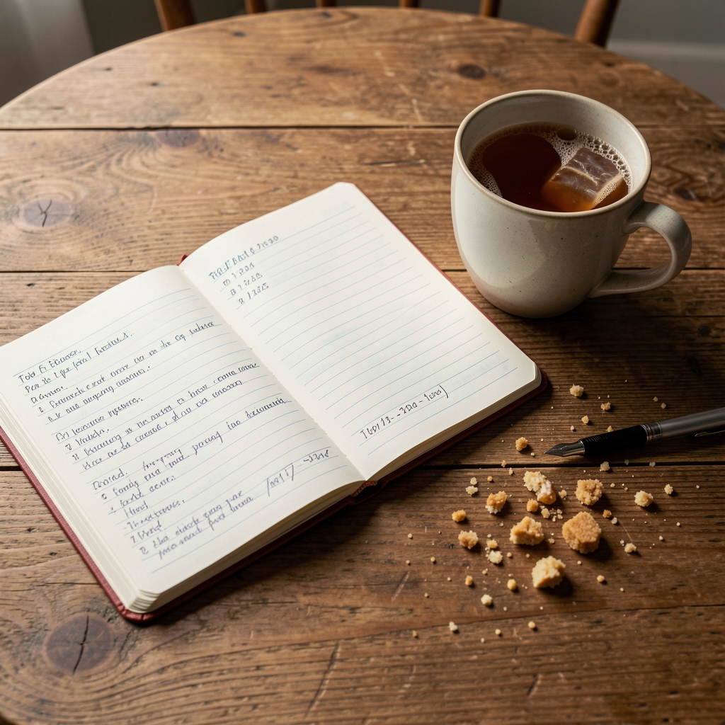 Open food journal on a wooden table with handwritten notes and timestamps beside a cold cup of tea and scattered crumbs from late evening snacking