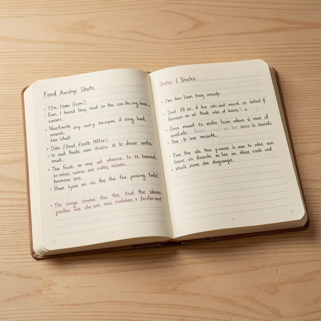 Open food awareness journal spread across a light wooden table, showing two pages of handwritten entries with times, emotional state notes, and brief meal descriptions