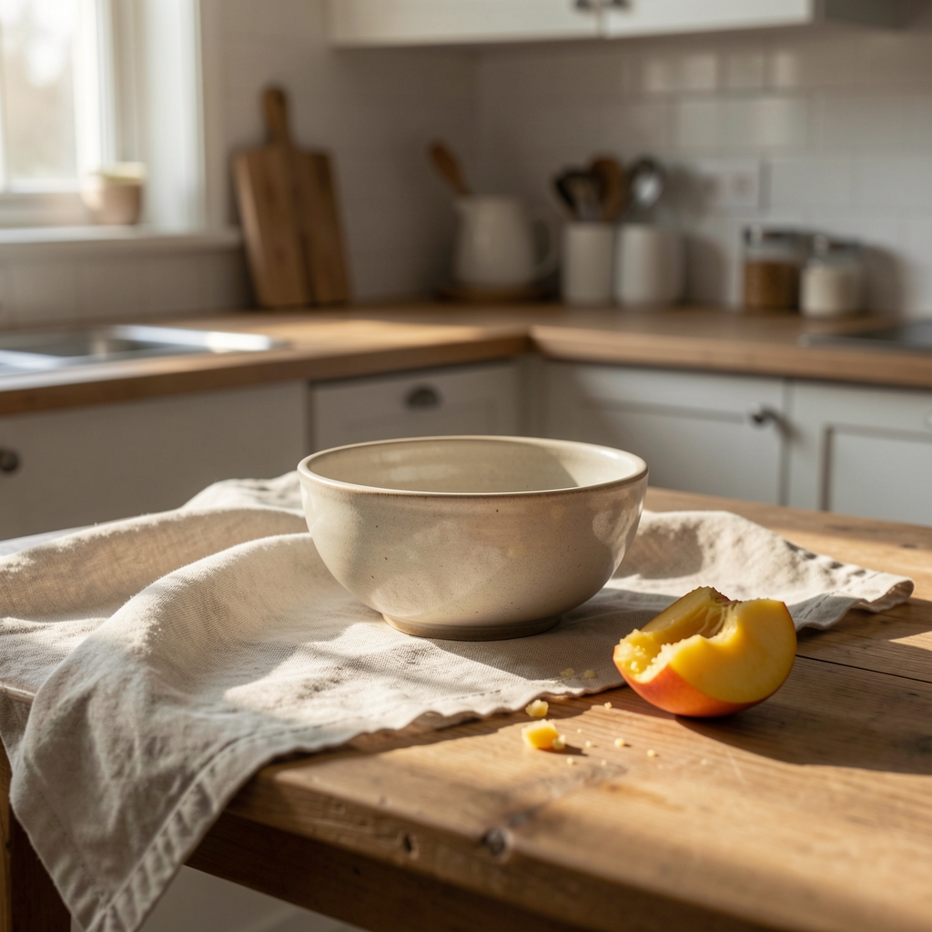 Quiet kitchen table with a ceramic bowl, morning light casting soft shadows across a linen cloth and a half-eaten piece of fruit
